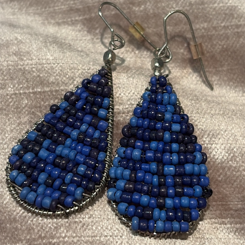 Royal Blue Teardrop Dangle Earrings 2” Beaded French Hook Earrings Boho - Picture 4 of 5